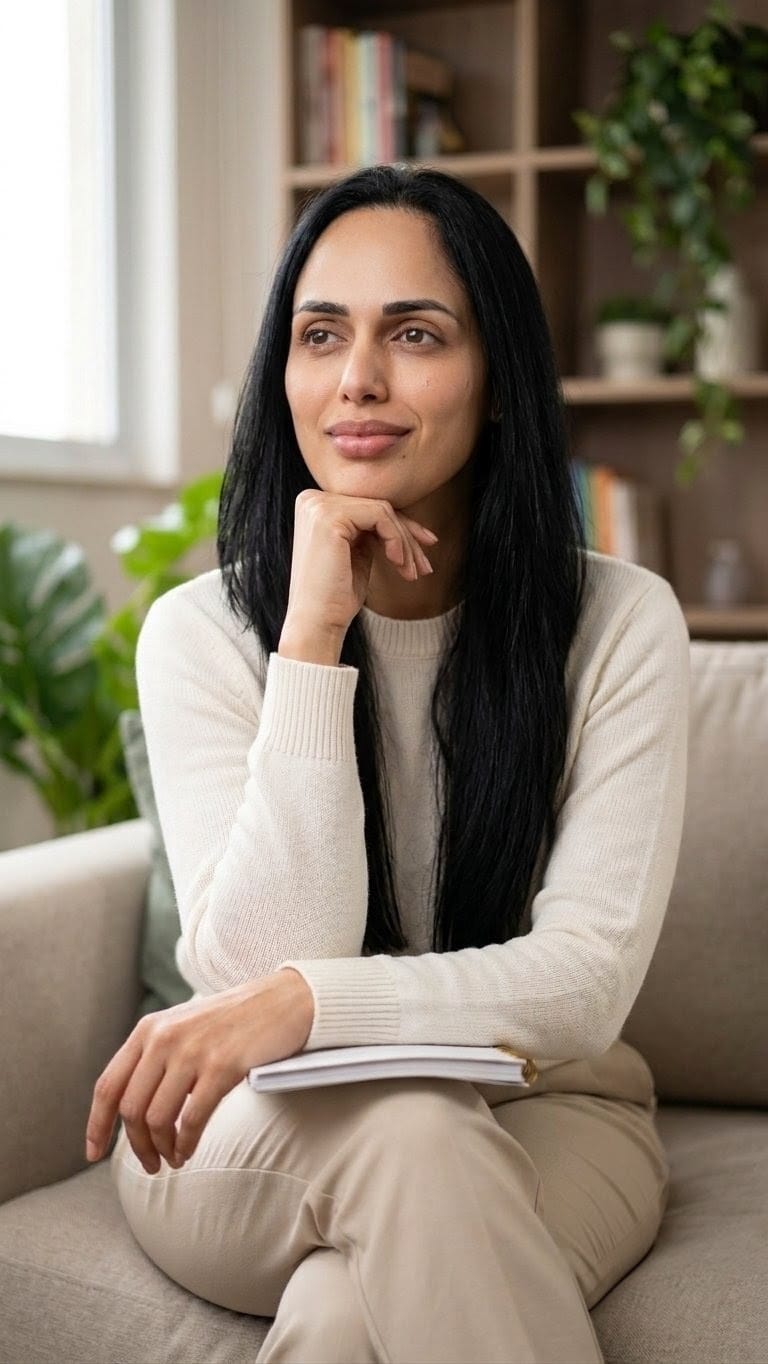 Jamilly Ferreira de Medeiros, psicóloga, sentada e sorrindo